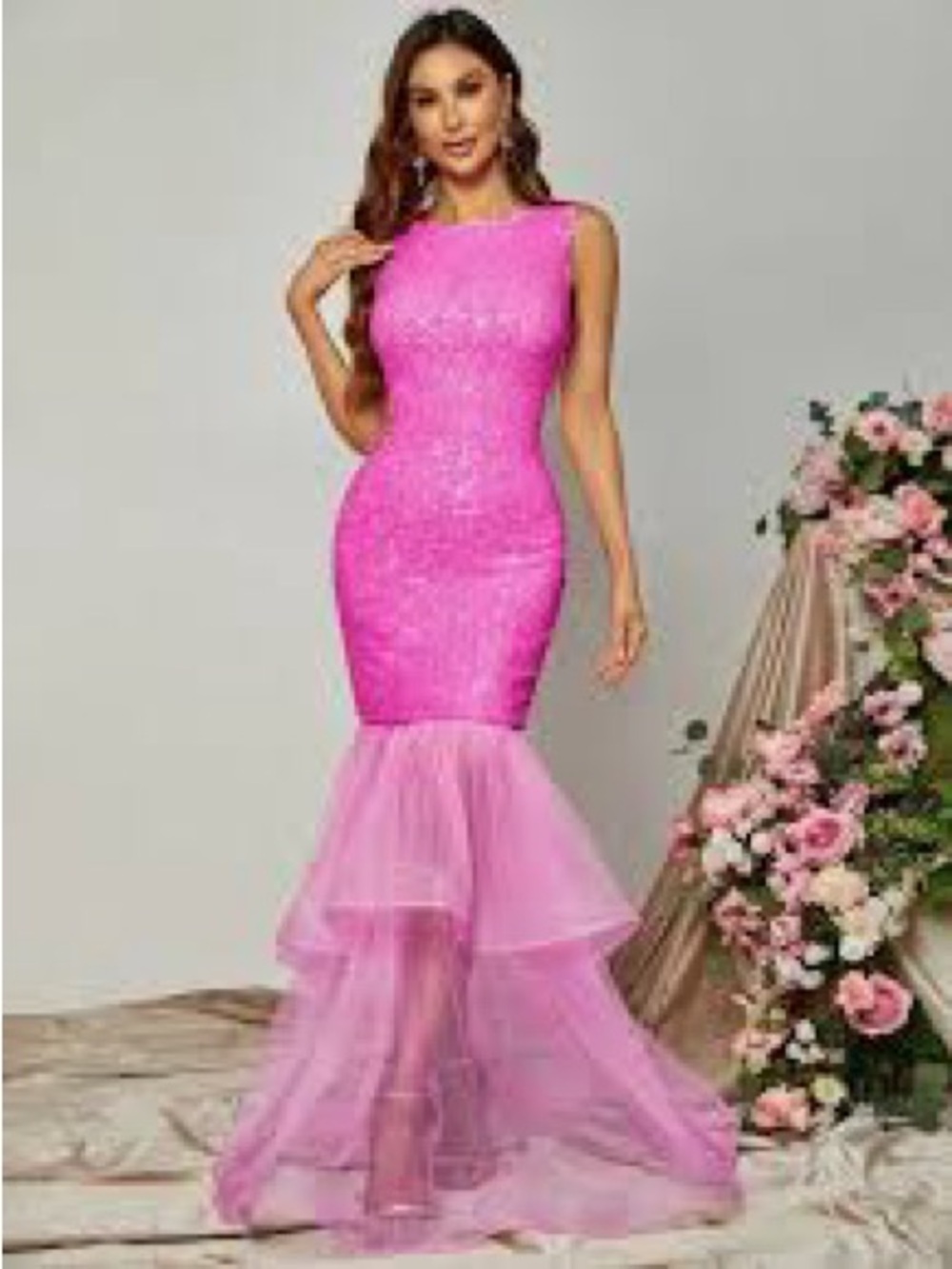 FAERIESTY women’s formal Pink Sequin Tulle Mermaid maxi Dress size large